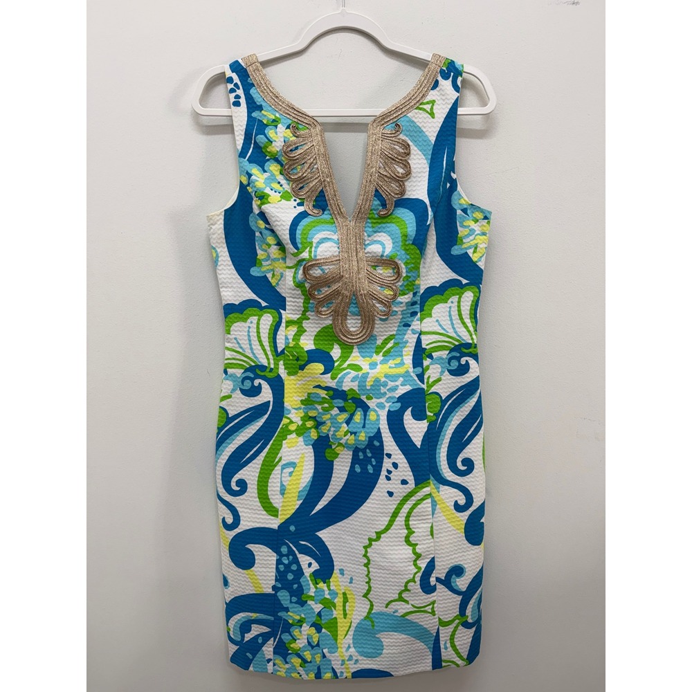 Lilly Pulitzer Shift Dress Size 6 Blue Green Floral Gold Soutache Seersucker